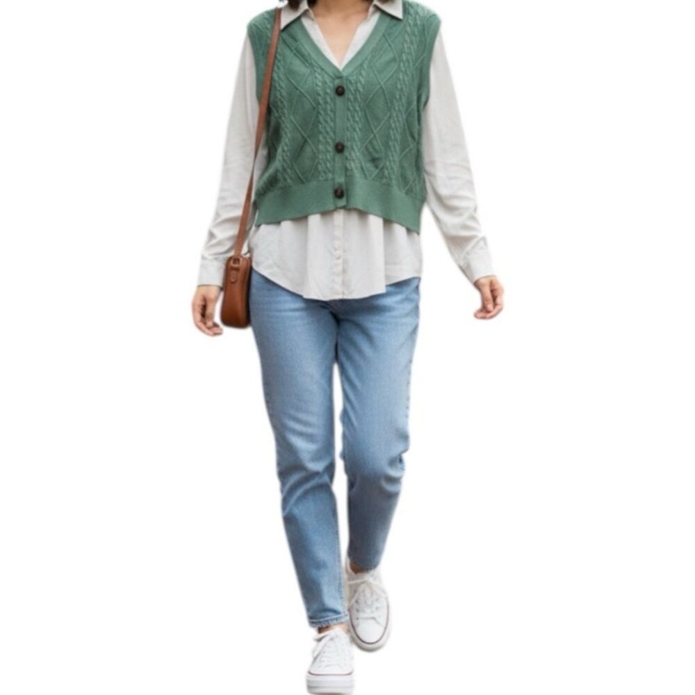 Sioni Milano Preppy Green & White V-Neck Button Vest Sweater Shirt Medium